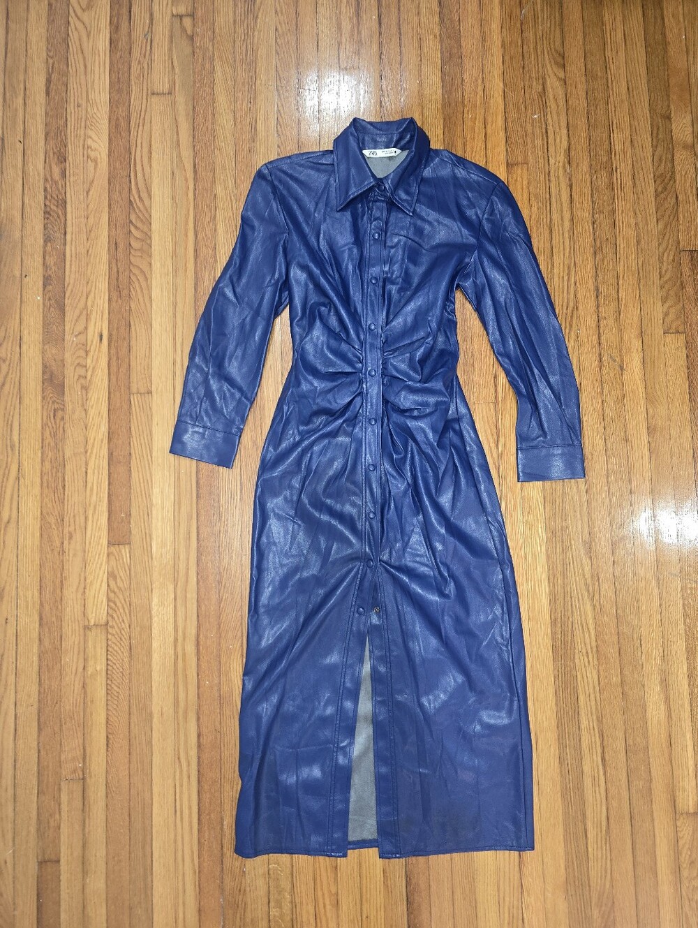 Zara Blue Long Sleeve Faux Leather Button-Front Dress